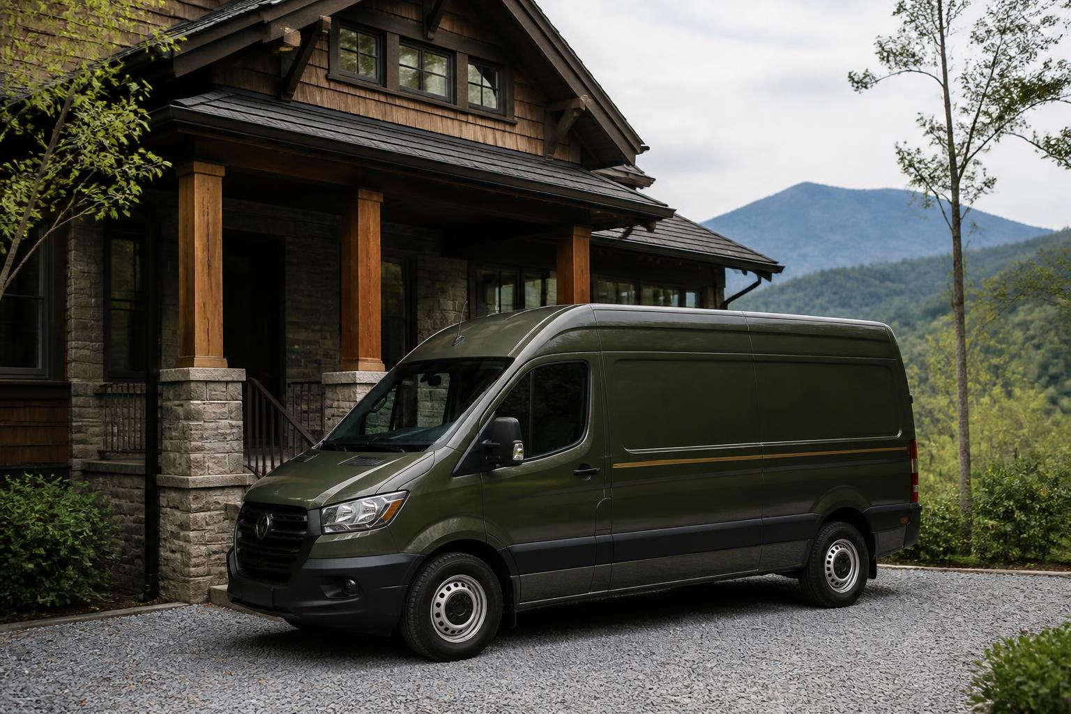 Grove Park Garage Door Repair service van parked at a craftsman-style North Asheville home